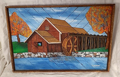 Red Barn & Grist Mill Inlaid Wood Cut Pieces 3 Dimensional 3-D / 24″ x 14″