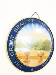 LARGE! 19″ State of Ohio Seal WALL HANGING Sign VINTAGE Metal Tin OFFICIAL