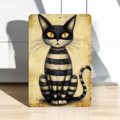 Black Striped Cat Wall Art – Gothic Halloween Decor – Vintage-Style Cat Sign