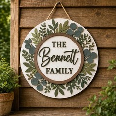 Personalized Family Name Wooden Sign, Greenery Wreath Door Hanger