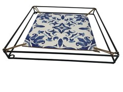 Blue White Tile Pattern Wall Art Ceramic Look Print Modern Black Metal Frame 11”