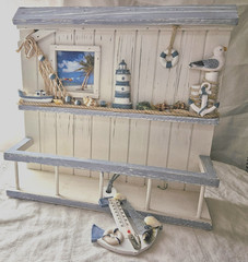 Wooden Nautical Coastal Beach Shelf & Anchor Hook Decor Blue White Rope Hang/Sit