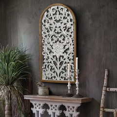 Rustic Arched Wood Wall Art – 15″x31″ Hand Carved Floral Panel, White