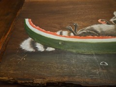 1980s Hand Painted Wood Hanging Plaque Raccoon On Watermelon 16×12