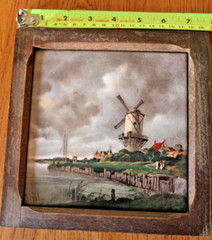 Country Wood Frame Ceramic Plaque Windmill Barn Rustic VTG Retro Art
