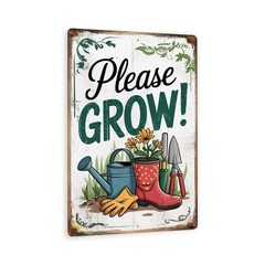 Grow Garden Sign 8×12 Metal Yard Decor Watering Can Flowers
