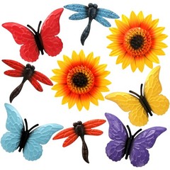 9 Pack Metal Flowers Wall Decor, Small Outdoor Fence Decoration, Butterfly Dr.