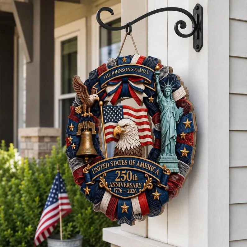 Personalized America 250th Anniversary Wood Wreath, Custom Family Name