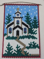 Pony Bead Banner Flag Church Handmade Wall Art Vtg Craft Pine Trees 14.75 x 10