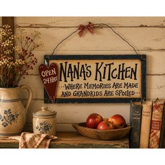 Nana’s Kitchen Rustic Wood Wall Sign Primitive Farmhouse Decor Heart Gingham
