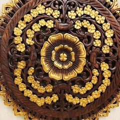 24″ Round Teak Wood Wall Art Hand Carved Floral Mandala Gold Dark Brown RS010