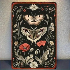 Vintage Goth Moth Metal Sign – Retro Botanical Poppy Flower Tin Wall Decor