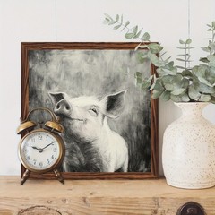Retro Classic Happy Pig Black White Oil Sketch Rustic Framed Wooden Plaque Gift