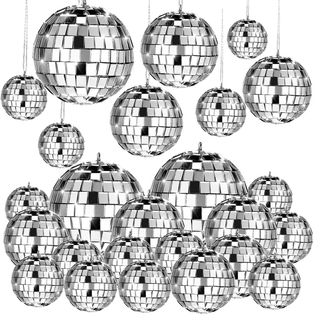 20pcs Mirror Disco Balls for New Year Party Decor – Assorted Sizes with Rope