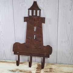 Rustic Cut Metal Lighthouse Garden Decor Wall Art With Hooks Rusty Primitive 14″