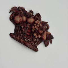 Vintage Fruit Basket Wall Plaque Burgundy Red Gold 3D Relief Kitchen Decor 5.5in
