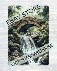 Waterfall Bridge Tin Sign Forest Stream peaceful river landscape