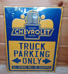 Vintage Chevrolet Truck Parking Only Metal Tin Sign Blue Yellow Wall Decor 12×9
