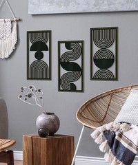 Modern Minimalist Wall Art Set of 3, Black and Gray MDF Cut-Out Geometric Lin…