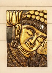 16″ Gold Buddha Wall Panel – Hand Carved Decorative Wood Spiritual Wall Art