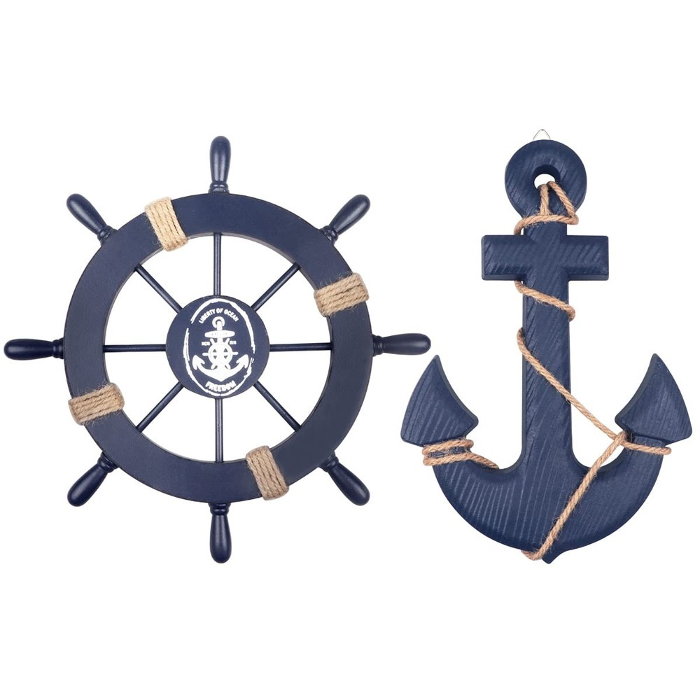 Meching 2 Pack 11″ Nautical Beach Wooden Ship Wheel and 13″ Wooden Anchor wit…