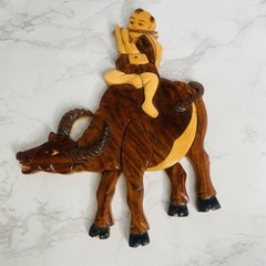 Boy Hear ding Buffalo Vtg Wood Wooden Wall Hanging Puzzle Look Flute Vietnam