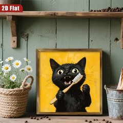 Black Cat Brushing Teeth Yellow Background Wooden Sign Farmhouse Tabletop Decor