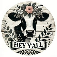 Vintage Floral Cow Metal Sign Round Hey Y’all Farmhouse Wall Art Hanging Decor