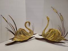 Swan Plaques Cattails Brass Tone Metal Wood Sculpture Embossed MCM Retro