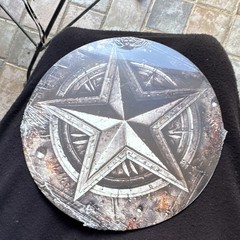 Round Metal Wall Plaque Star & Compass Design Rustic Silver Gray Brown