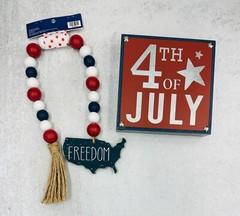 6″ x 6″ Patriotic Metal sign & Garland 4th of July tiered tray decor red blue