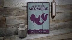 Swim With The Mermaids Vintage Distressed Sign, Personalized Wood Sign