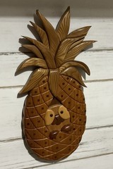 Handcrafted Folk Art Rustic Intarsia Owl In Pineapple Wood Wall Art Signed 1994