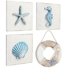 Beach Wall Décor, 4 Pack, 3D Seashell, Starfish, Seahorse and Lifesaver Buoy …