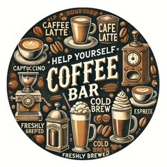 Round Help Yourself Coffee Bar Metal Sign Vintage Kitchen Wall Art Decoration