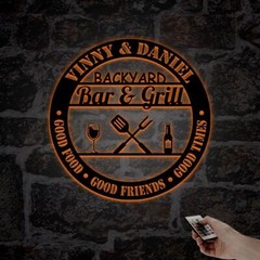 Personalized Bar & Grill Metal Sign With LED Light, Custom Smoker And Grill Wall