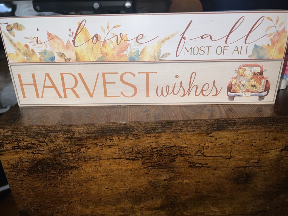 Two “Harvest Wishes & “I Love Fall” Slim Box Frame Wood Sign Fall Decor, Leaves