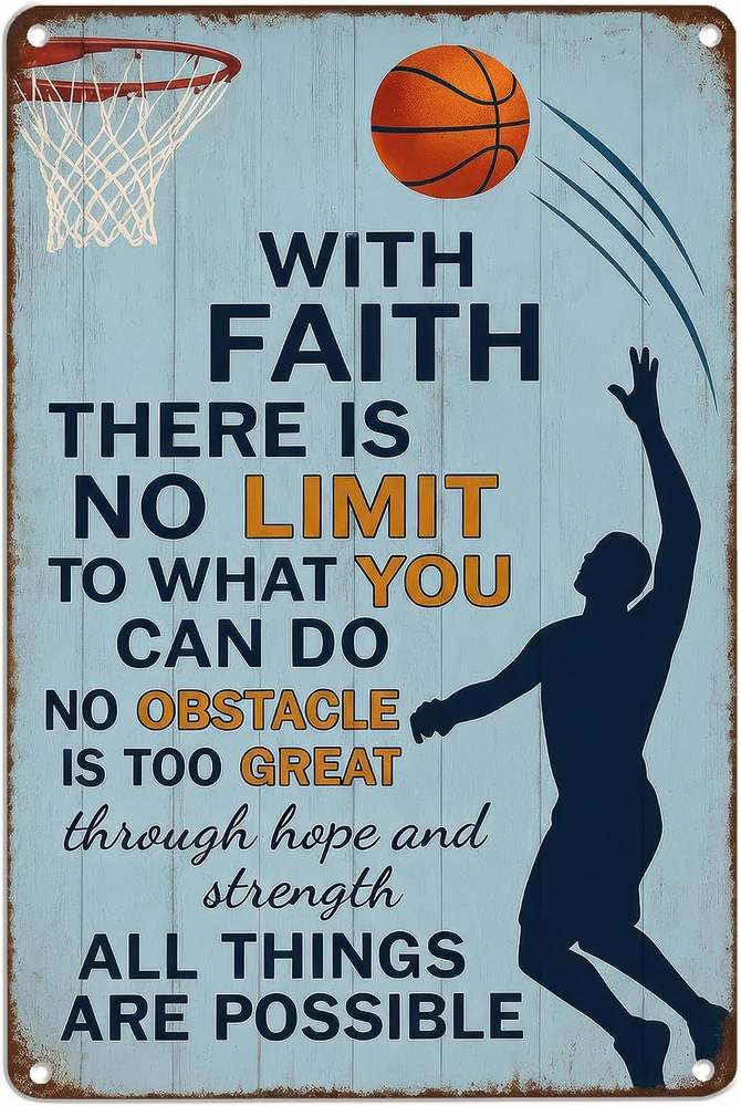 Basketball Metal Sign 8×12 Inch, Faith Motivational Wall Art for Boys Room, Home