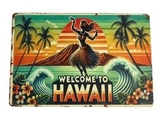 Welcome to Hawaii Metal Tin Sign Tiki Bar Wall Art 12″ x 8″ Hula Girl Beach New
