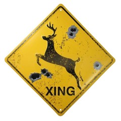 DEER CROSSING SIGN Metal/BULLET HOLES/Rustic Hunting Cabin Lodge Street Road …