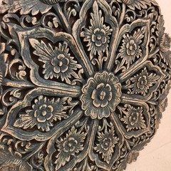 24″ Round Teak Wood Wall Art Hand Carved Floral Mandala Distressed Black RS004