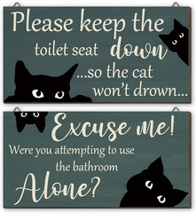2 Pcs Funny Black Cat Wood Wall Decor Retro Bathroom Sign Gift for Christmas Wer
