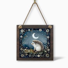 Hedgehog Moon Nursery Wall Sign 4.8 in Small Wood & Metal Decor