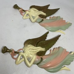 2 Vintage Angel With Wings Pink & Blue Wall Hanging Cast Aluminum 12 1/2″ X 8″