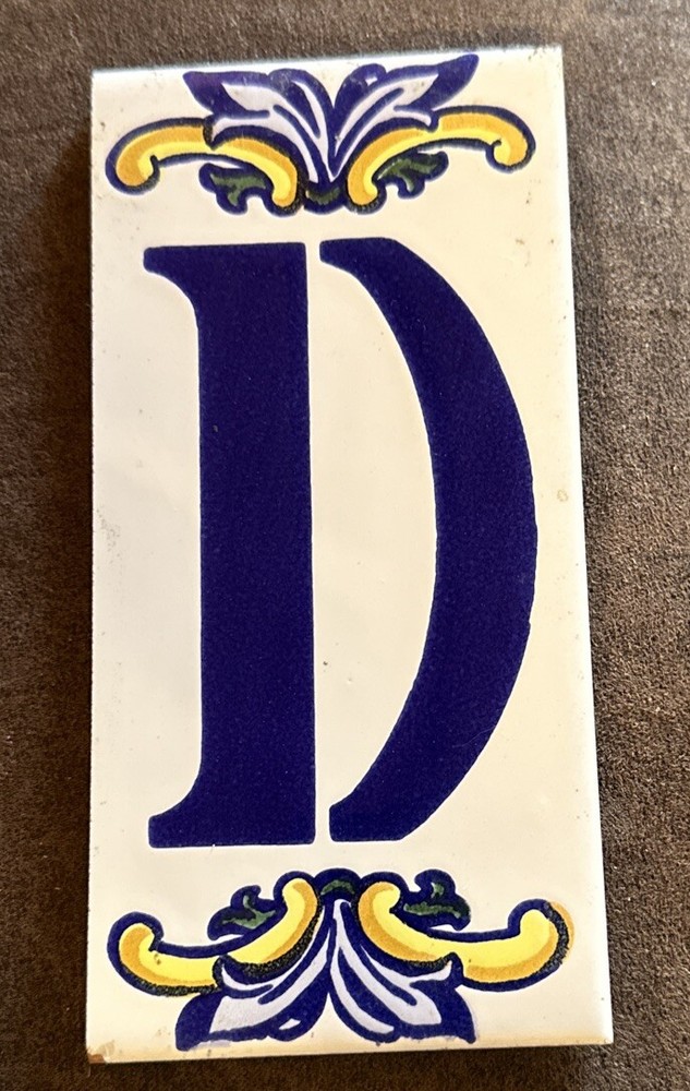 Vintage Ceramic Tile Blue & Yellow Address House Initial D Made In Spain 6” X 3”