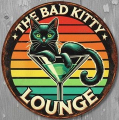The Bad Kitty Lounge 8″ Diameter Vintage Novelty Metal Sign Made In USA New!
