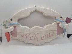 Vintage Wood Bunny Rabbit Decor Welcome Sign Carrots Ribbons White & Blue & Pink
