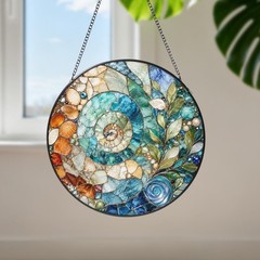 Stained Glass Shell Suncatcher, Abstract Colourful Rainbow Seashell Window
