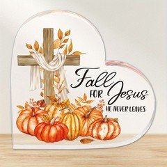 “Fall for Jesus” Acrylic Heart Plaque with Cross Pumpkins Tabletop Desk Decor