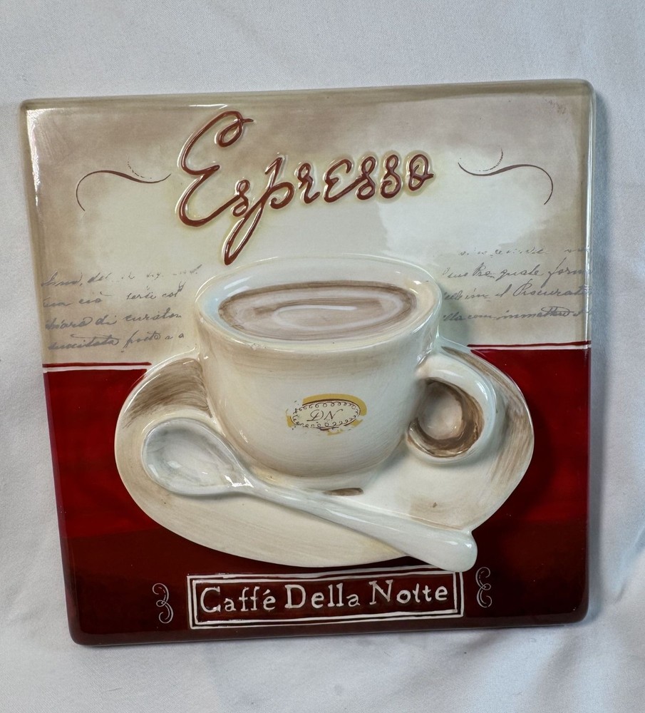 3D Ceramic Wall Plaque Espresso Caffè Della Notte 8×8 Inches Beige & Red Decor